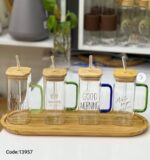 لیوان پیرکس مربع دسته بلند رنگی درب چوبی کد2504 - Image 2