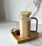 لیوان پیرکس مربع دسته بلند رنگی درب چوبی کد2504